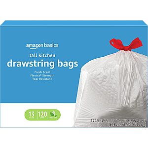 120-Count 13-Gallon Amazon Basics Flextra Tall Kitchen Drawstring Trash Bags (Fresh Scent) $11.97 + Free Shipping w/ Prime or on $35+