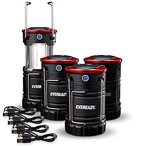 Eveready LED Camping Lanterns (4-Pack), Hybrid Power Rechargeable Collapsible Lantern Flashlights, Ultra Bright Tent Lights for Outdoors, Camping, Fishing, Emergency Blac - $20.45