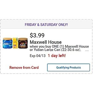 $3.99 Maxwell House, Yuban, Or Gevalia Coffee @ Kroger up to 5 times in 1 transaction via Digital Coupon 4/12, 4/13