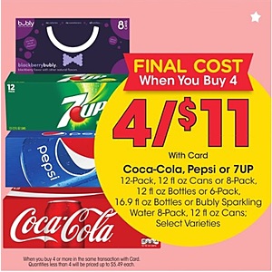 Starts 9/2 - 9/8 Soft Drinks Mix and Match 4 for $11 @ Kroger Free Pickup for online orders. YMMV