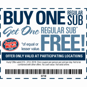 Jersey Mikes BOGO subs. Valid Feb 14th Valentine's Day!