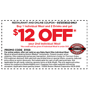 Boston Market Buy 1 Individual Meal and 2 Drinks and get $12 OFF