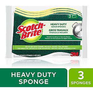 $3.00: Scotch-Brite MMMHD3 Heavy Duty Scrub Sponge, Yellow & Green, 3 Per Pack + $0.70 promo credit