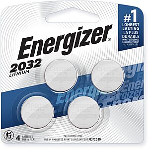 Energizer CR2032 Batteries, 3V Lithium Coin Cell 2032 Watch Battery, 4 Count [Subscribe & Save] $5.12