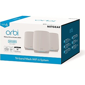 Netgear Orbi RBK763-100NAR AX5400 Tri-band WiFi 6 Mesh System, 5.4Gbps, Router and 2 Satellites (Renewed) - $249.99