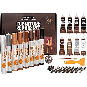 Katzco Furniture Repair Kit Wood Markers - Set of 34 - Markers and Wax Sticks with Sharpener - for Stains, Scratches, Floors, Tables, Desks, Carpenters, Bedposts, Touch-U - $14.99