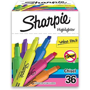 $13.29 /w S&S: SHARPIE Tank Highlighters, Chisel Tip, Assorted Color Highlighters, Value Pack, 36 Count