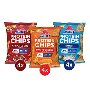 Atkins Protein Chips, Salty Snack Variety Pack, 12 Count - $14.15 /w S&S - Amazon