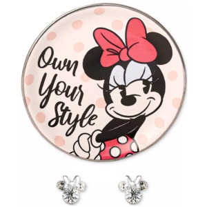 Disney Minnie Mouse Crystal Stud Earrings in Sterling Silver w/ Trinket Dish - $15