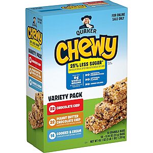 58-Ct Quaker Chewy Granola Bars: Lower Sugar 3 Flavor Variety Pack $10.65 w/ Subscribe & Save
