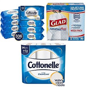 1-Count 36 Rolls Cottonelle, 2-Boxes 80ct. Glad ForceFlex Plus Tall Kitchen Bags and 8 / 42-Count Cottonelle Wipes $39.21 AC's Amazon +Free Shipping