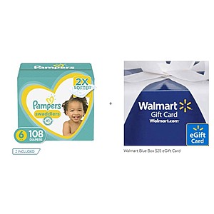 Pampers Swaddlers Diapers (Various) + $20 Walmart eGift Card: 216ct Size 6 $69.50 after $15 Rebate & More + Free S/H