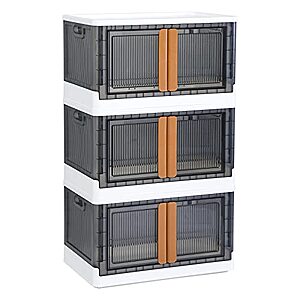 Storage Cabinet - Plastic Shelves Bins with Lids, 19 Gal collapsible, Stackable, 3 or 4 Pack  - $21/each - $59.99 3/pack at Haixin Official Store via Amazon