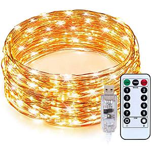 TaoTronics Dimmable Copper Wire LED String Lights 33ft 100 LEDs USB Powered (8 Lighting Modes,15 Brightness Levels, Remote Control) $5.99 + FSSS