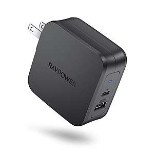 RAVPower 61W PD 3.0 2-Port Type-C Portable Wall Charger (Black) $20