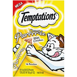 Amazon - Temptations Creamy Puree with Chicken Lickable, Squeezable Cat Treats, 0.42 Oz Pouches, 16 Count / 3 packages for 13.58