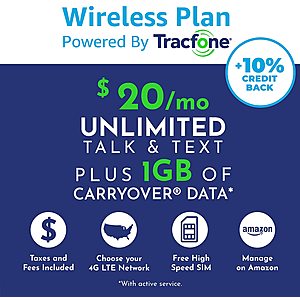 Amazon Wireless Plans - Tracfone Unlimited Talk, Text, 1GB Exclusive on Amazon w/Prime - $20 ALL IN ($5 OFF First Month) $15