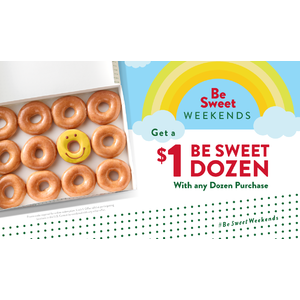 Krispy Kreme Weekend BOGO Special: Buy 1 dozen, get 2nd for $1 Every Saturday and Sunday from March 27th through May 23rd (2 Dozen $9.99 in CA)
