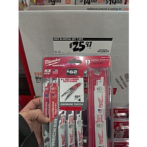 Milwaukee SAWZALL Demolition Nail-Embedded Wood and Metal Cutting Bi-Metal and Carbide Reciprocating Saw Blade Set (15 blades) at Home Depot for $25.97