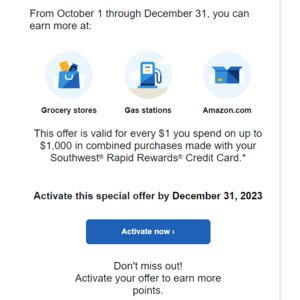 Select Southwest Rapid Rewards Cardholders: 10 points for each $1 spent on qualifying Amazon.com, grocery stores and gas stations (Valid Thru 12/31/23)