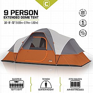 16’ X 9’ CORE 9-Person Dome Camp Tent w/ Tent Gear Loft for Outdoor Accessories (Orange) $80 + Free Shipping