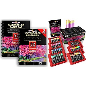 2-Pk 32-Sheet Water Color Sketch Books + 72-Ct Watercolor Paint Tubes + 10 Brushes $16 & More w/ Subscribe & Save