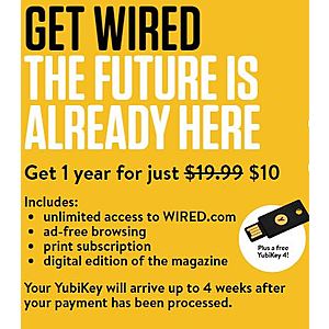 Free YubiKey 4 with Wired Magazine Subscription $10