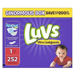 Luvs Ultra Leakguards Disposable Diapers :252-Ct Size 1 $17.50, 216-Count Size 2 $17.50, 160-Ct Size 4 $17.50 + free shipping (from $0.07 per diaper)
