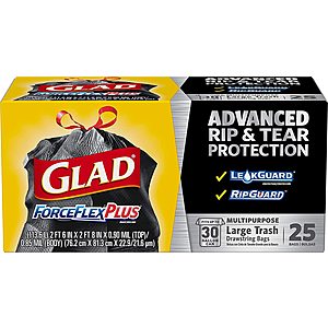 25-Count 30-Gallon Glad ForceFlexPlus Black Large Drawstring Trash Bags 2 for $10.35 w/ Subscribe & Save