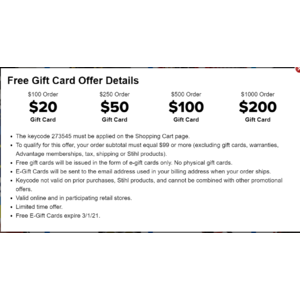 Northern Tool Gift Card Credit: Spend $100 get $20, $250 get $50, $500 get $100, $1000 get $200 $0.01
