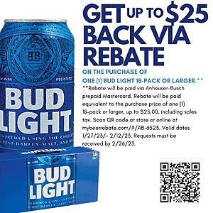 Bud Light 18-pack or larger up to $25 rebate - $0.00