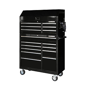 Home Depot Husky 41 in. W x 24.5 in D 16-Drawer Combination Rolling Tool Chest and Top Tool Cabinet Set in Gloss Black HOTC4116B13S - $498