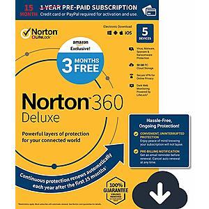 Norton 360 Deluxe – Antivirus software for 5 Devices with Auto Renewal - 15 Month Subscription $9.99