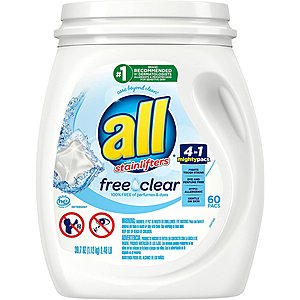 All Mighty Pacs Laundry Detergent Free Clear - 60 Count - $5 off two. - $7.47 or less with S&S - Free prime shipping  - $7.47