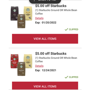 BJ's Wholesale - 40oz (2.5lb) Starbucks whole or ground coffee ~ $8 AC, 72 K-Cups ~ $23.49 AC ($0.33/ea), can use QP multiple times