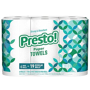 4 packs Amazon Presto! Flex-a-Size Paper Towels, 158 Sheet Huge roll, 6 Rolls per pack - $42.01 5+ S&S items or $51.71