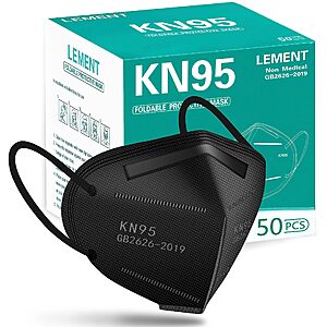 Limited-time deal: LEMENT 50pcs KN95 Face Mask Black 5 Layer Cup Dust Safety Masks Filter Efficiency≥95% Breathable Elastic Ear Loops Black Masks - $7.99