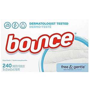 240-Count Bounce Fabric Softener Dryer Sheets (Free & Gentle) $4 + Free S/H w/ Amazon Prime $3.99