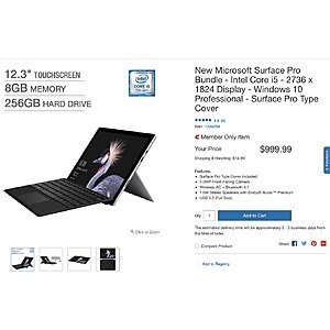 Surface Pro i5, 8GB RAM, 256 GB SSD with type cover $999.99