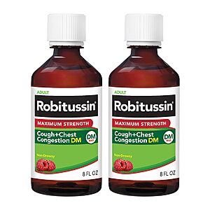 2-Pack 8-Oz Robitussin Maximum Strength Cough Plus Chest Congestion Medicine: Raspberry $12.05, Honey $12.35 w/ S&S + Free Shipping w/ Prime or on orders $35+