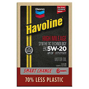 Chevron Havoline Motor Oil: 6-Qt High Mileage Synthetic 5W-20 $20.68, 6-Qt Full Synthetic 0W-20 $24.94 + More + Free Shipping w/ Walmart+ or on $35+