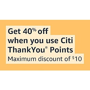 Get 50% off at Amazon (up to $15.00) by using at least $.01 of Citi Thank You points YMMV