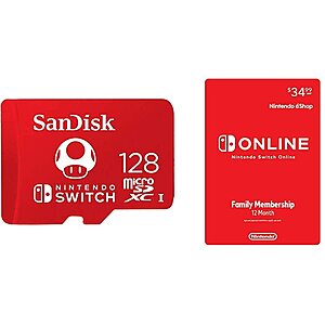 Nintendo Switch Online 12-Mo Family Membership + 128GB microSDXC UHS-I Memory Card $35