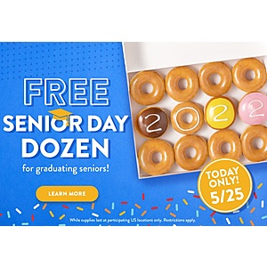 Krispy Kreme Stores: Any 2022 High School/College Senior Graduate: 1-Dozen Donuts Free w/ Proof of Eligibility/ID/Etc. (Valid 5/25 Only)