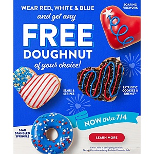 Krispy Kreme Stores: Get Any Krispy Kreme Doughnut of Choice for FREE by Wearing Red, White and Blue (Offer valid thru 7/4)