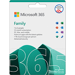 Active Military/Veterans: 12-Month Microsoft 365 Family 2021 Subscription Card $50 + Free Shipping