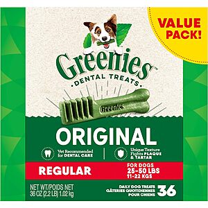 GREENIES Original Regular Dental Care Chews Dog Treats, 36 count $11.93 with s/s