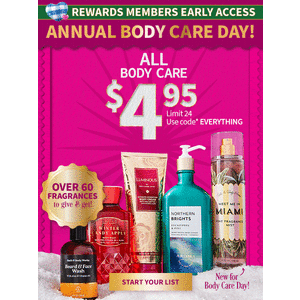 Bath & Body Works Annual Body Care Day Sale: All Body Care Products $5 Each + $7 Flat-Rate S/H on $10+