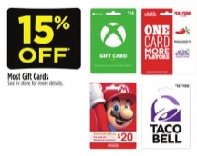 Dollar General in store,Dec 15, 15% off select gift cards, Nintendo eshop, XBOX, Gamestop, Roblox, Ace Hardware, Burger King,Taco Bell, Cracker Barrel, Dick's Sporting Goods + more