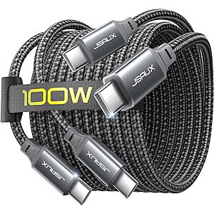 2-Pack 6.6' Jsaux 100W USB-C to USB-C Braided Fast Charging Cable (Pixel Grey) $5